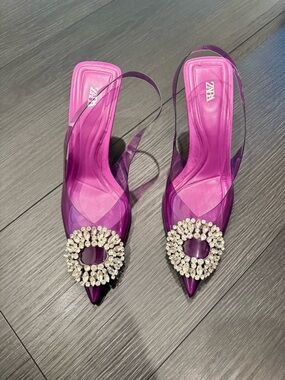 Zara Fuchsia Crystal-Ring Pointed Slingback Heels